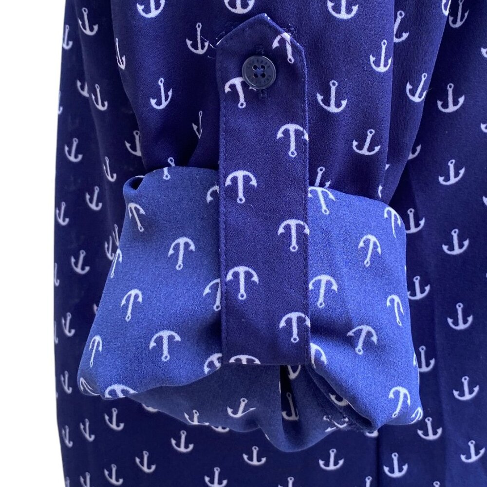 Express The Portofino Shirt Blue Nautical Anchor Print Roll Tab Coastal Preppy-L - Picture 8 of 15